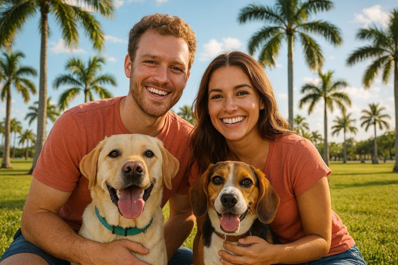 a man and woman holding dogs
