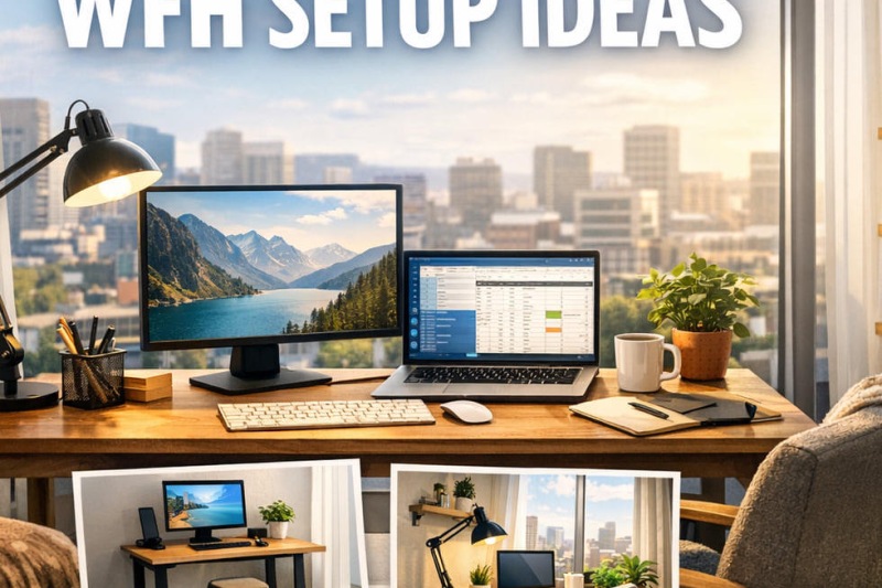 a graphic with a computers on a desk