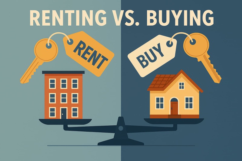 a graphic with a house and an apartment building