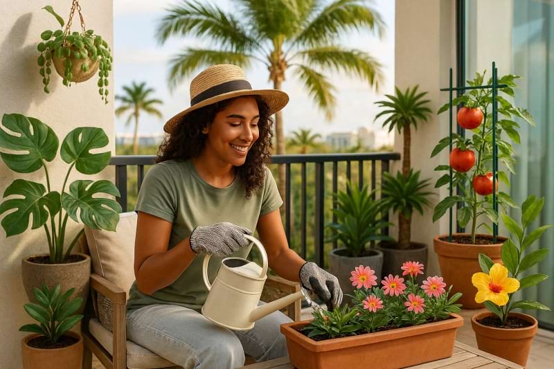 a woman sitting down watering plants on a balcony