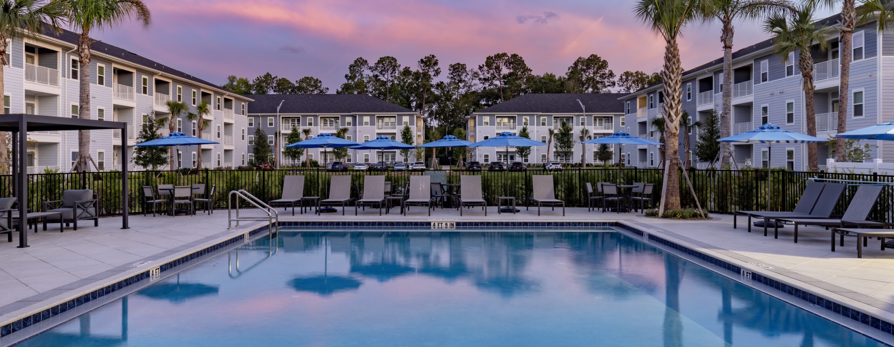 a pool surrounded by chairs and umbrellas