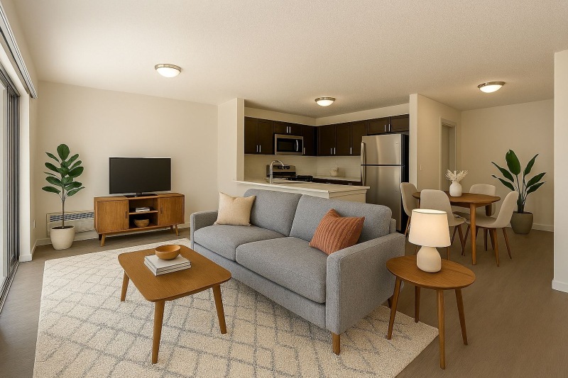 a living room with a couch and a table
