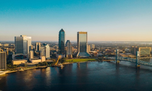aerial of a downtown city area